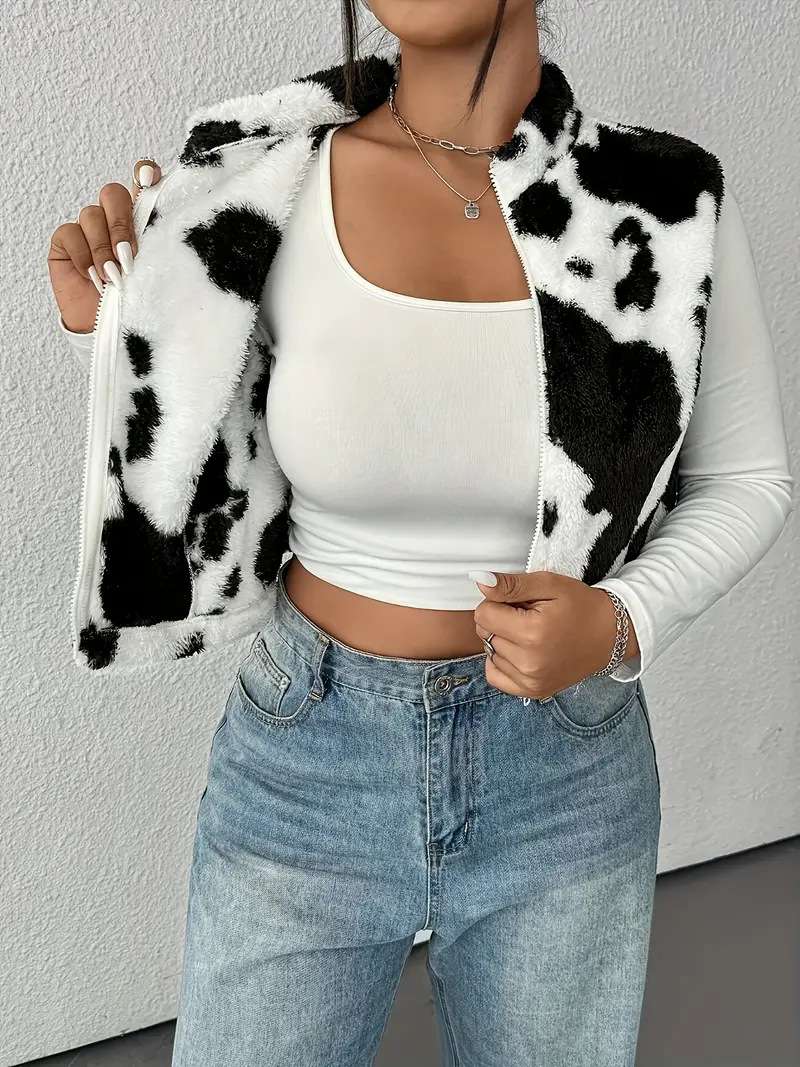 Cow Print Faux Fur Vest Jacket image 3