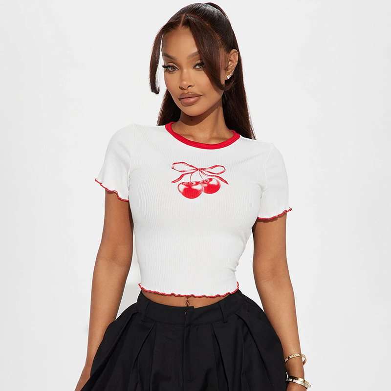 Cherry Embroidered Ringer Crop Top image 3