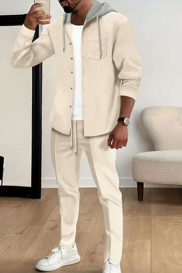 Slim Fit Waffle Hoodie & Cardigan Tracksuit - M, Light Beige image