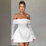 Off-Shoulder Lace-Sleeve Mini Dress - L, White image