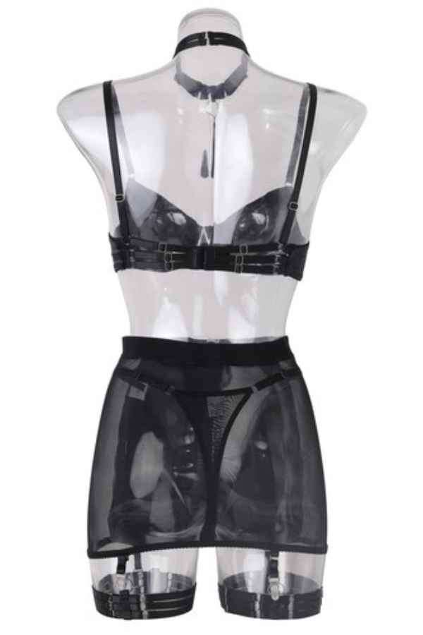 Sexy Sheer Patched Satin Mini Skirt 5pcs Lingerie Set image 5