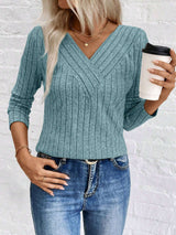 V-Neck Ribbed Sweater with Subtle Stripes - S, Green image