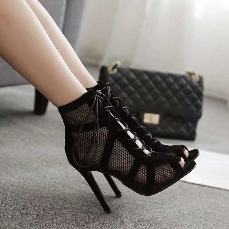 Lace Up Stylish Black Mesh Heels image 0