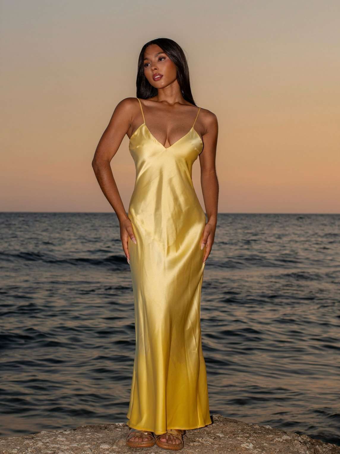 Elegant Maxi Dress with Spaghetti Straps - L, Yellow image