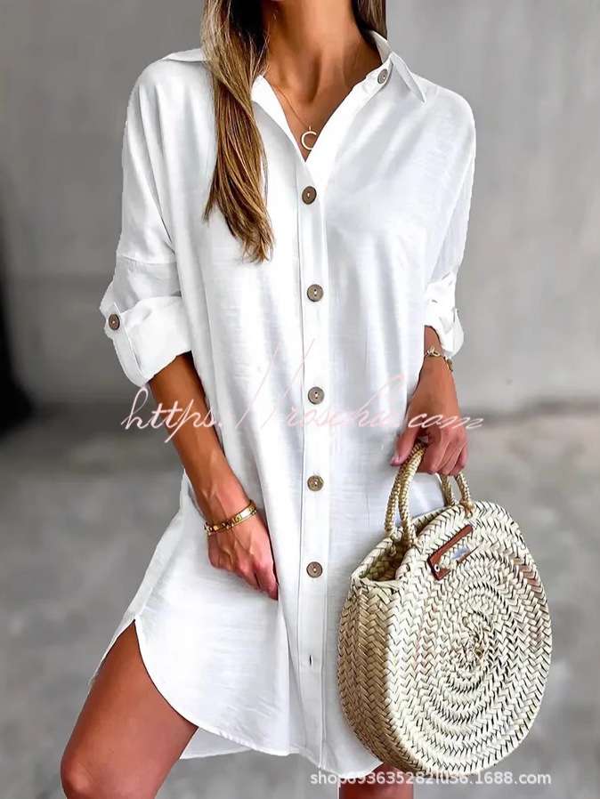 Button-Front Shirt Dress with Roll-Up Sleeves image 0