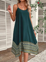 Boho Chic Dress with Colorful Border Hem - M, Green image