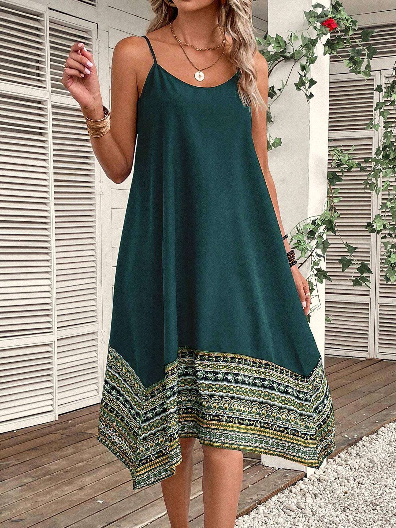 Boho Chic Dress with Colorful Border Hem - M, Green image