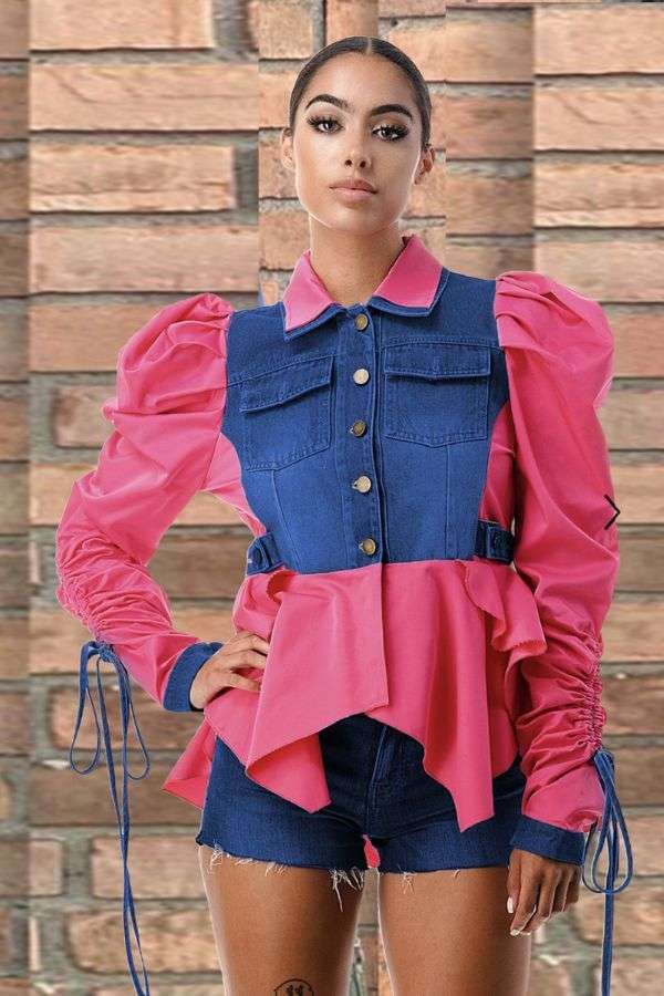 Button Down Patchwork Shirt  Jacket Crop Top - L, Multi Rose image