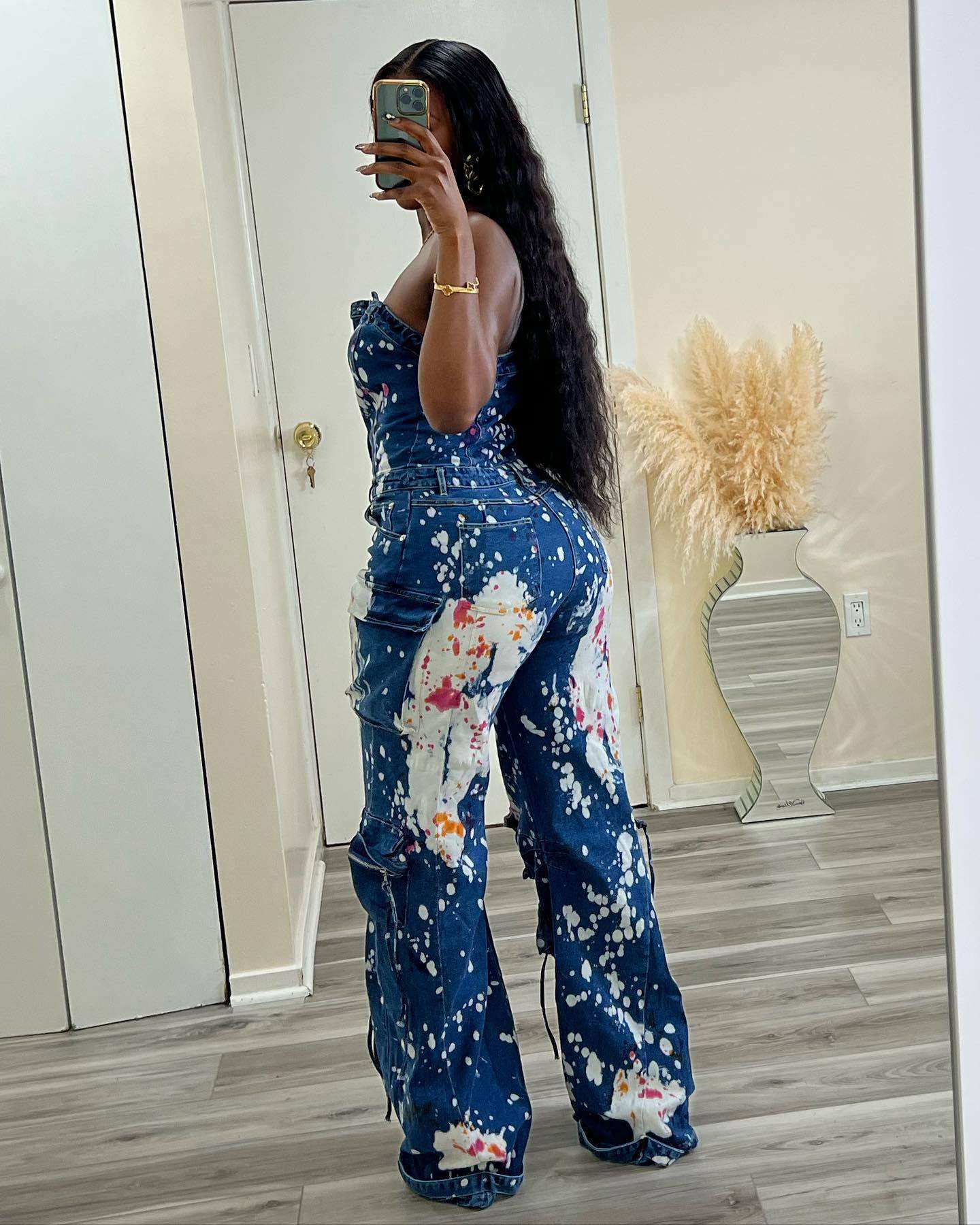 Off-Shoulder Cargo Splash Ink Bell Bottom Jumpsuit image 1