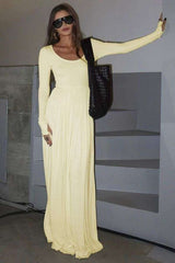 Long Sleeve Round Neck Empire Waist Spring Dreses - M, Cream Beige image