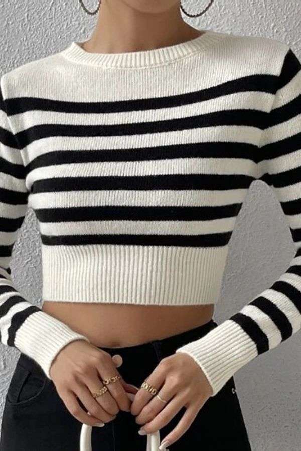 Striped Round Neck Crop Sweater image 0