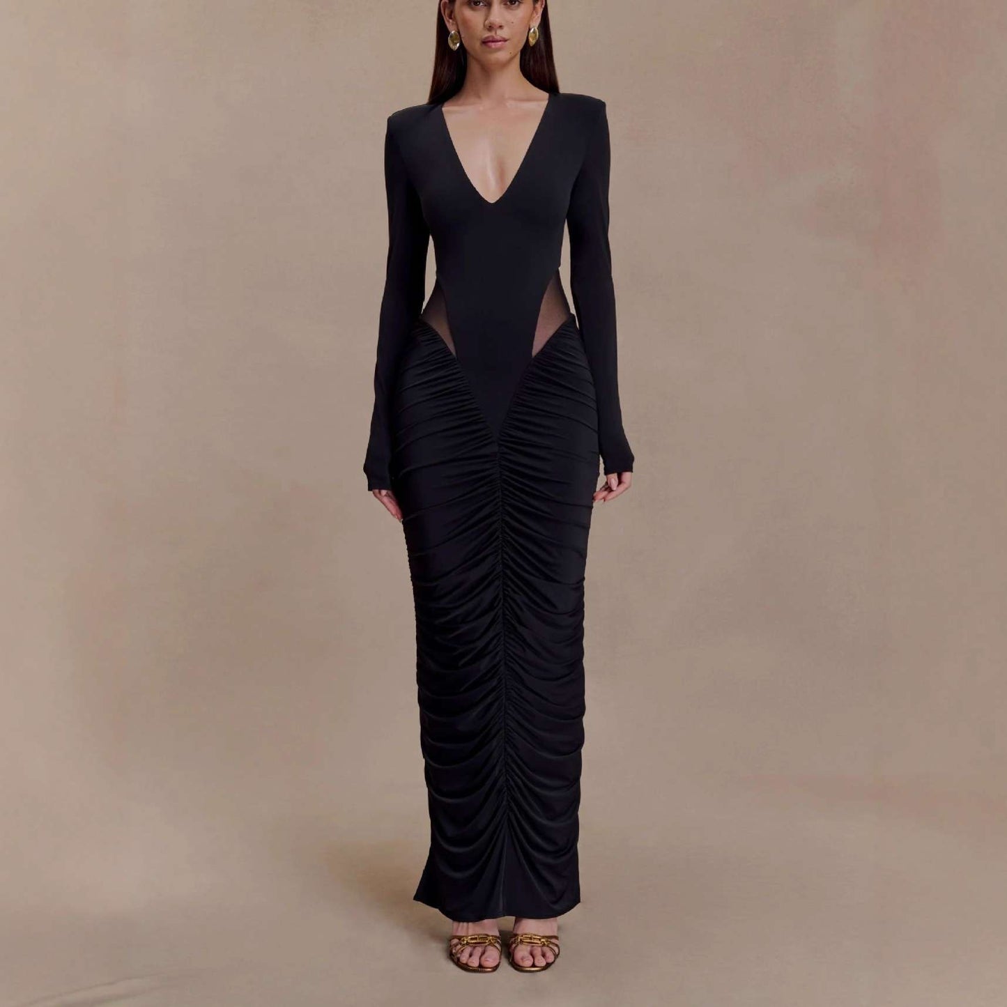 Chic Long Sleeve Bodycon Maxi Dress - L, Black image