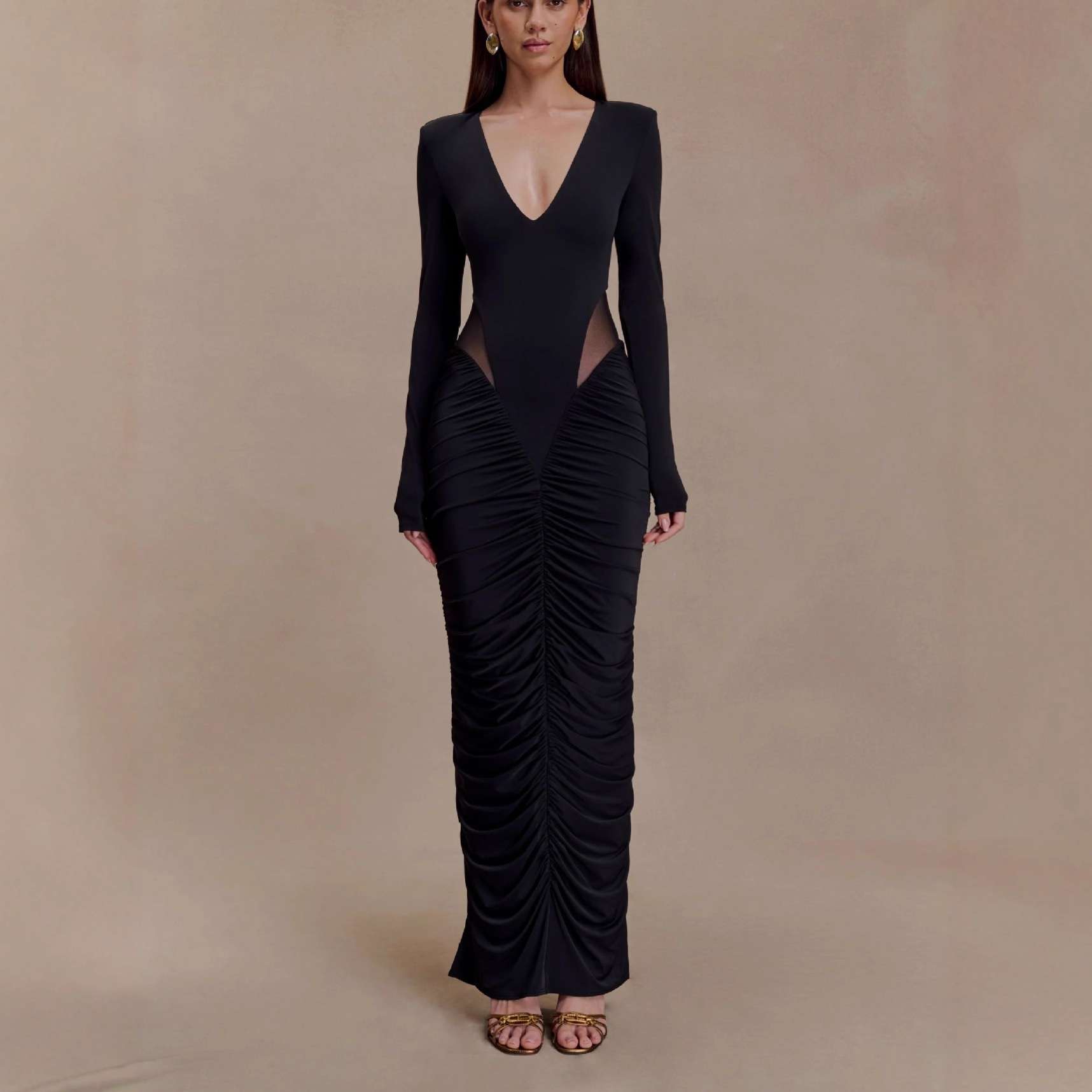 Chic Long Sleeve Bodycon Maxi Dress - L, Black image