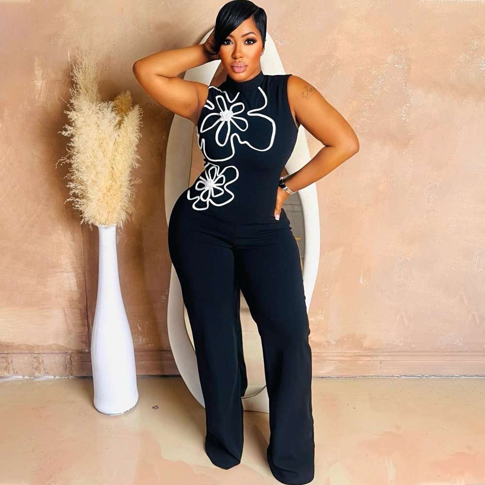 Sleeveless Floral Embroidered Jumpsuit - S, Black image