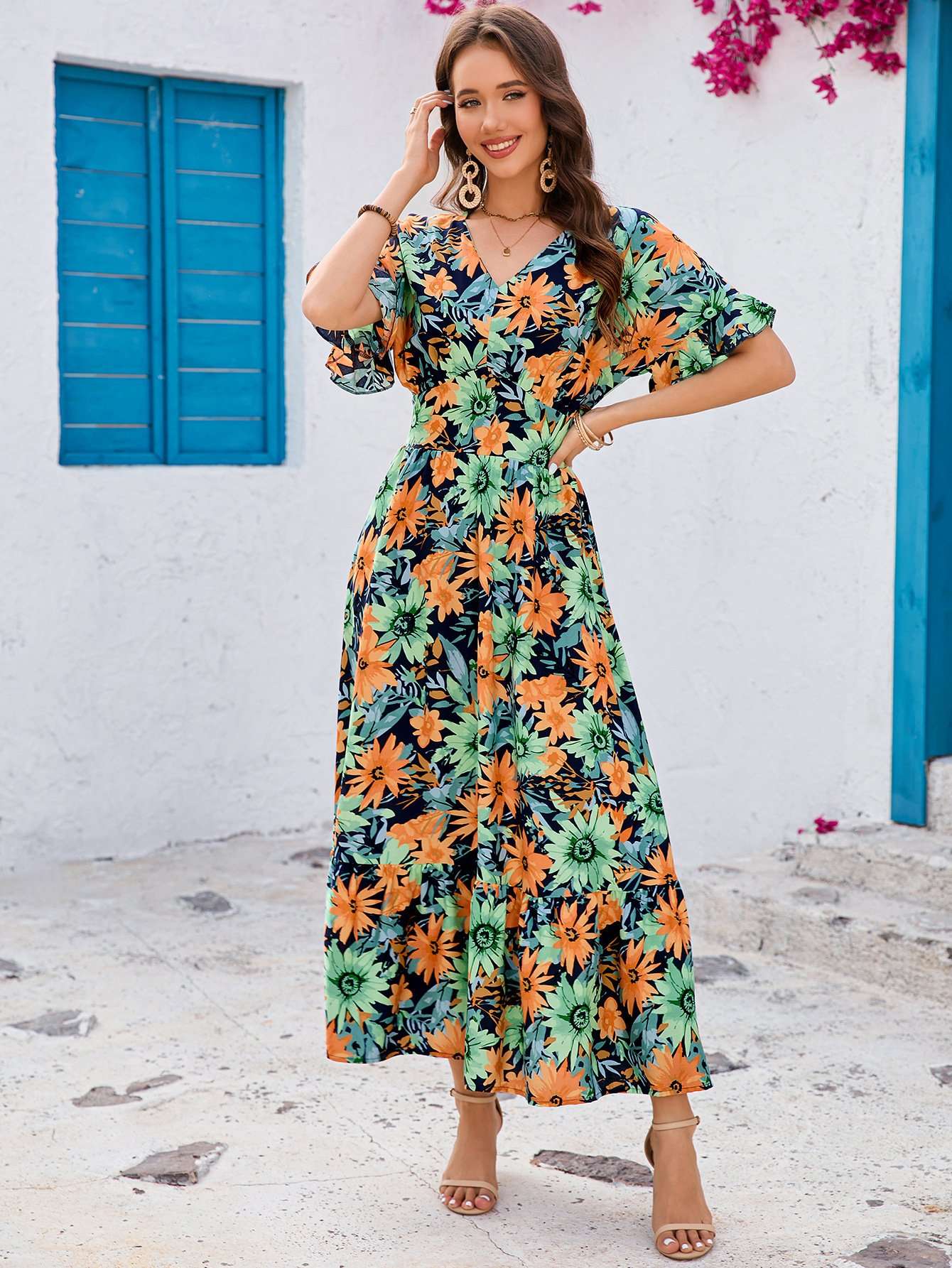 Tropical Floral V-Neck Maxi Dress image 3