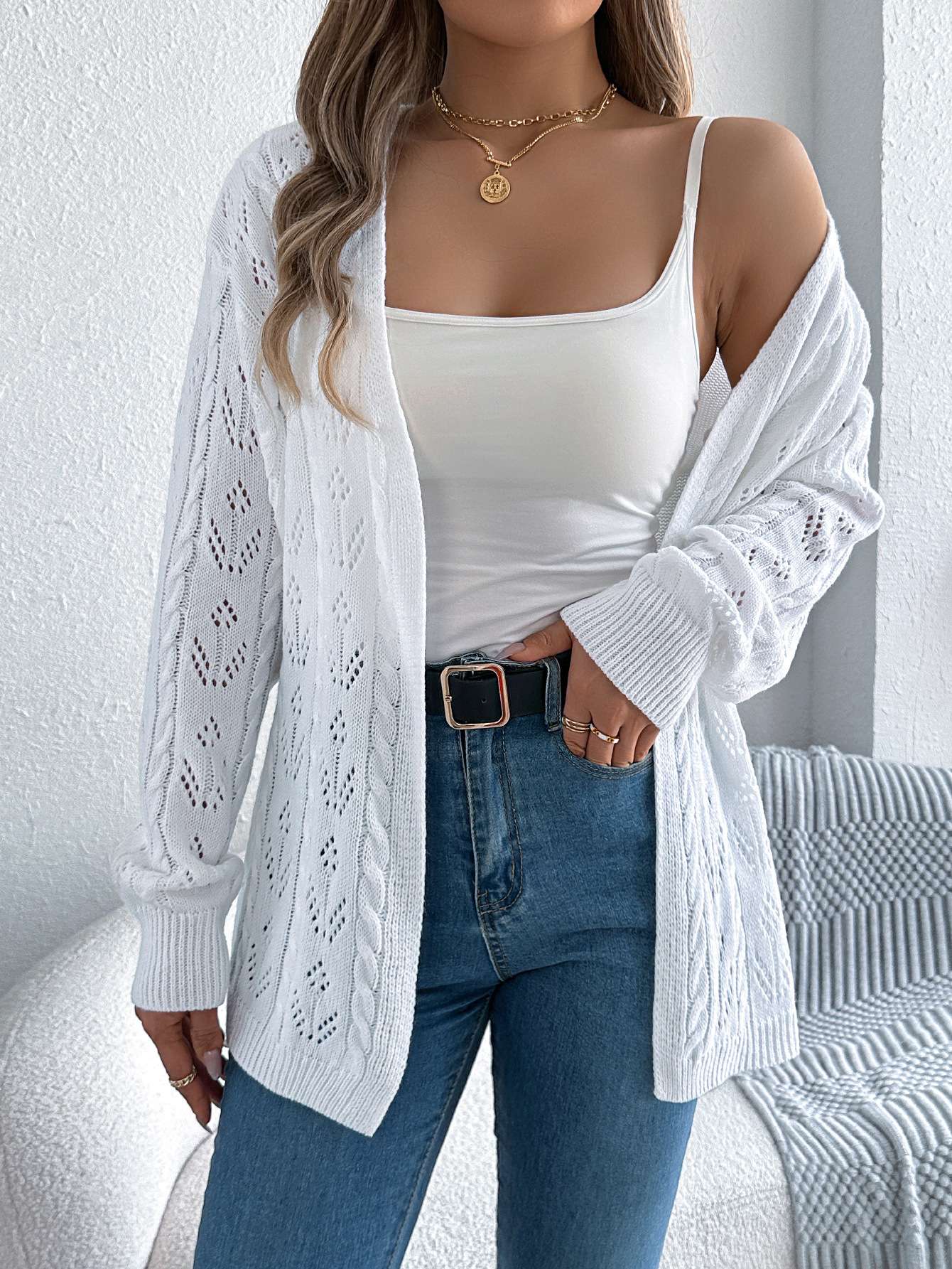 Knit Sweater Cardigan - L, White image