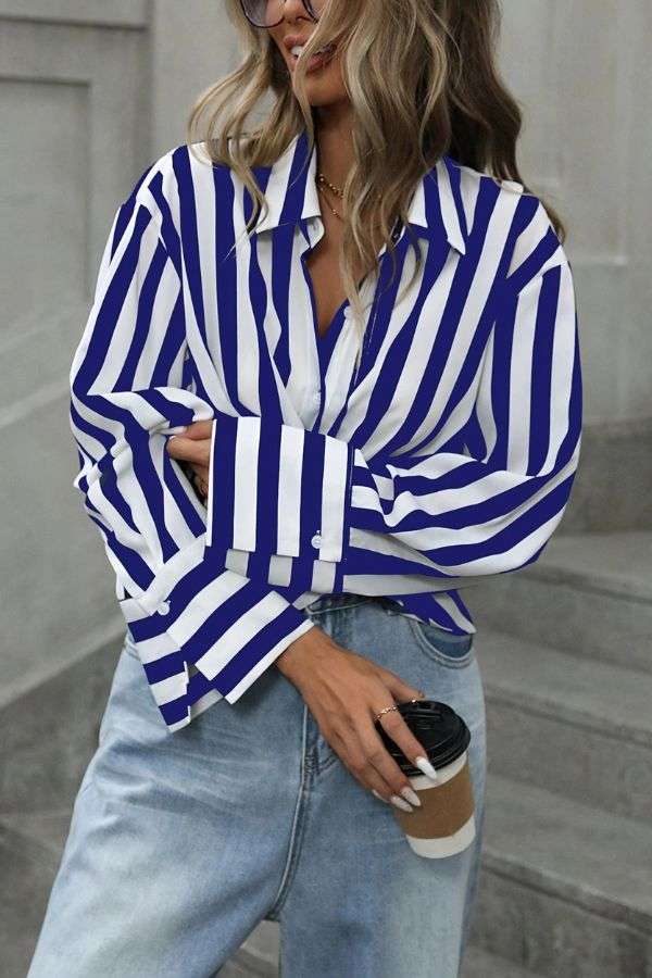 Vertical Striped Oversized  Casual Shirt - XL, Multi Blue image