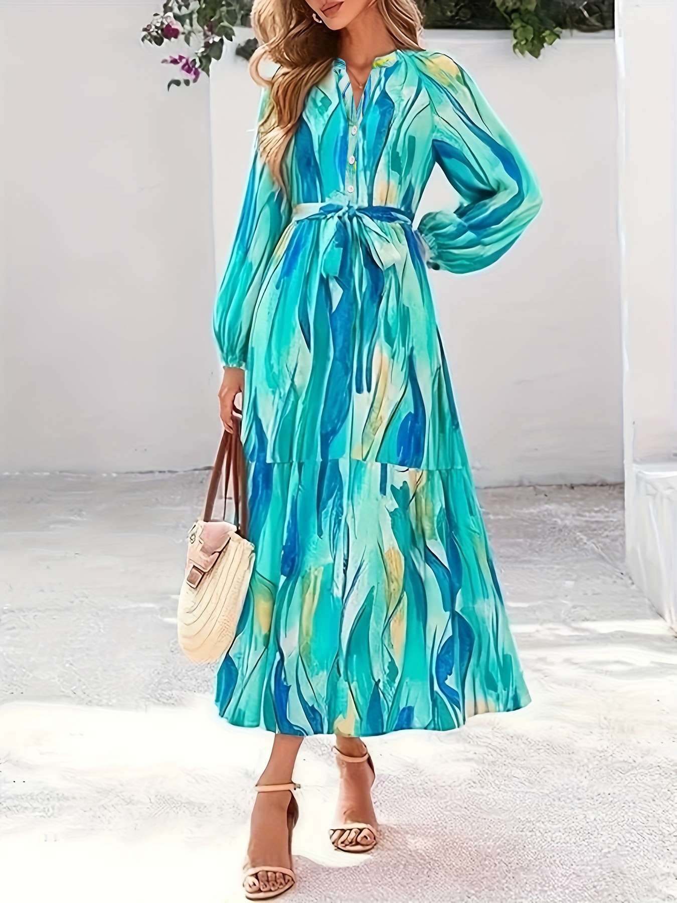 Abstract Print Maxi Dress with Tie Waist image 1