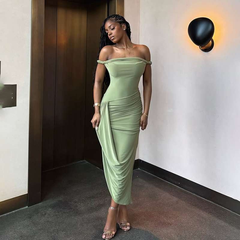 Off-Shoulder Maxi Dress with Side Slit - S, Green image