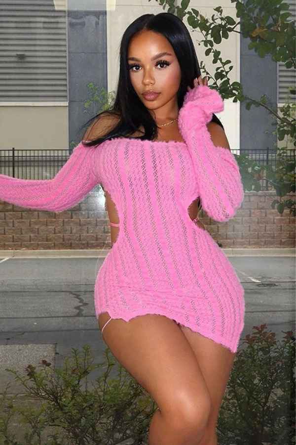Sexy Off Shoulder LongSleeve Backless Fluffy Mini Dress image 0