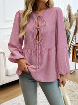Women Striped Tie-Up Neck Top - M, Ballerina Pink image