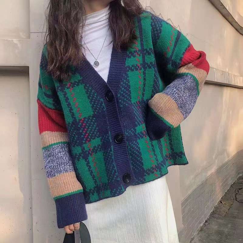 Plaid Pattern Oversized Cardigan - Free Size, Green image