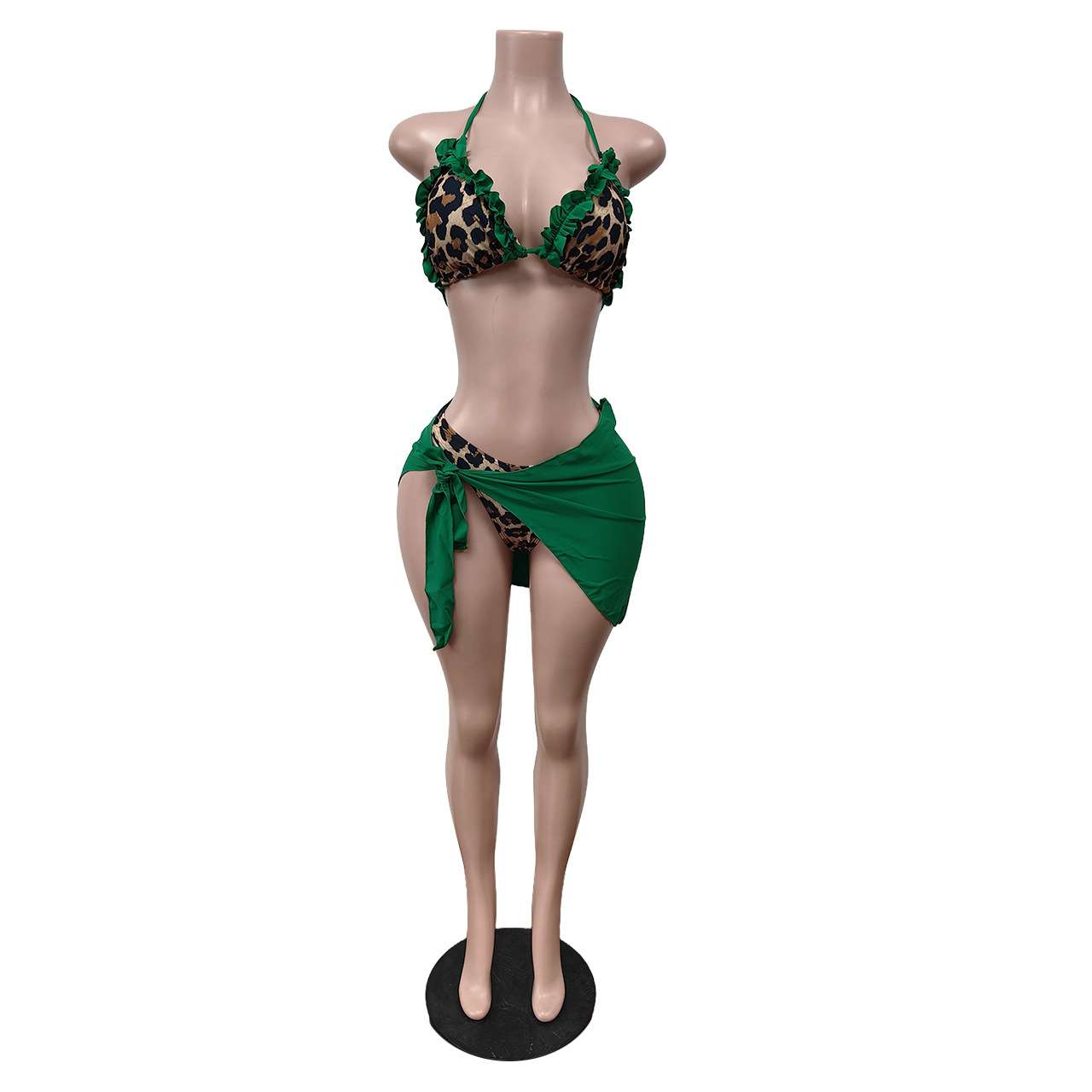 Leopard Print Cover-Up Bikini Set - M, Green image