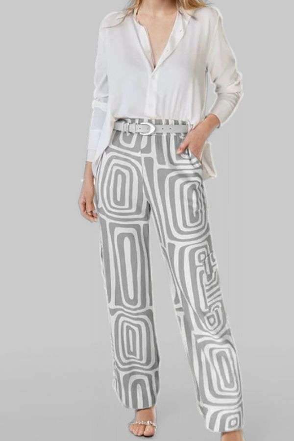 Button-Down Shirt with Patterned Wide-Leg Pants - S, Grey image