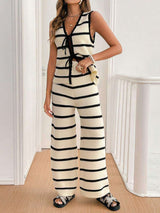 Casual Knit Striped Two-Piece Set - L, Light Beige image
