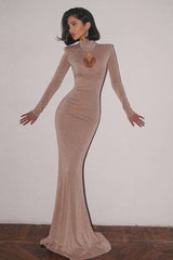 Elegant Shimmering Nude Maxi Dress - S, Apricot Illusion Beige image