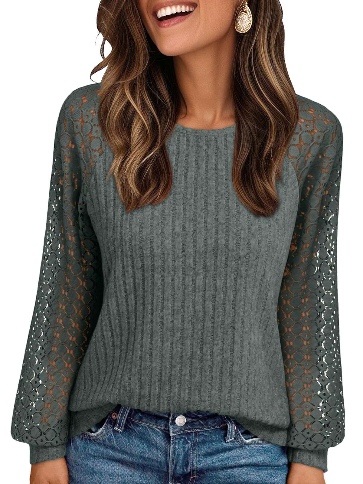 Textured Knit Top with Lace Sleeves - L, Green image