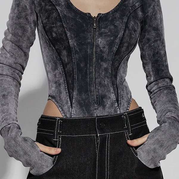 Futuristic Grey Zip-Up Bodysuit Top image 6