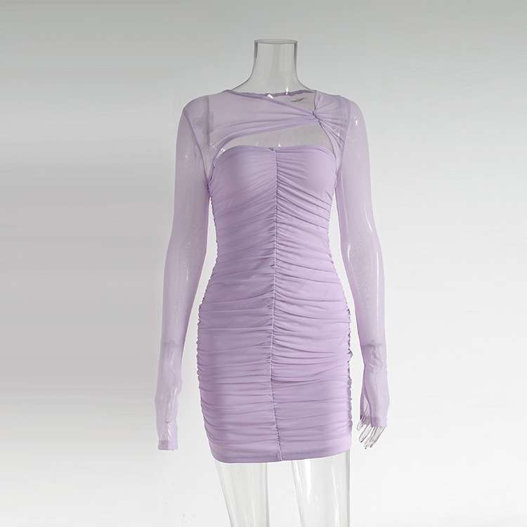 Ruched Bodycon Dress with Sheer Long Sleeves image 4