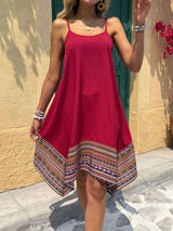 Boho Chic Dress with Colorful Border Hem - M, Red image