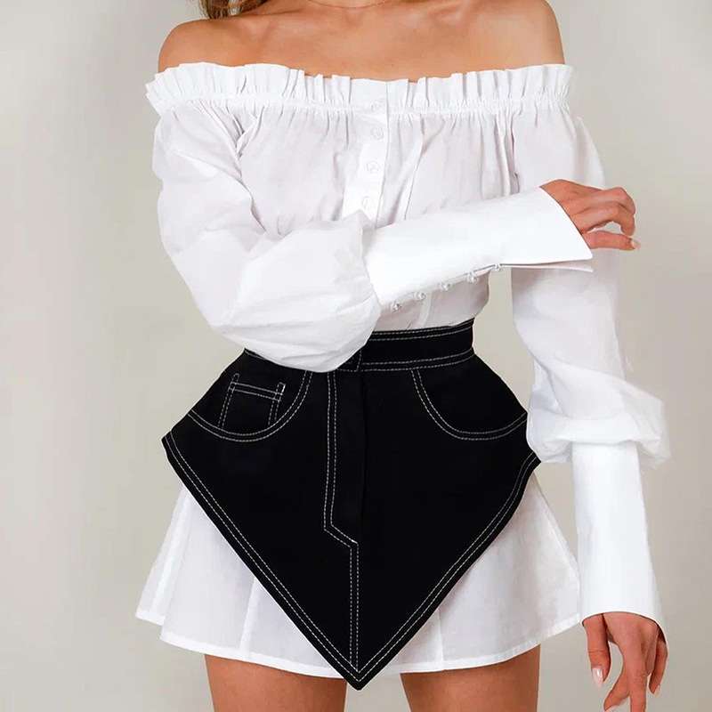 Asymmetrical High-Waisted Denim Mini Skirt - L, Black image