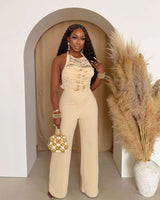 Embellished Halter Jumpsuit - M, Beige image