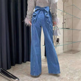 High-Waisted Wide-Leg Ruffled Pants - L, Blue image