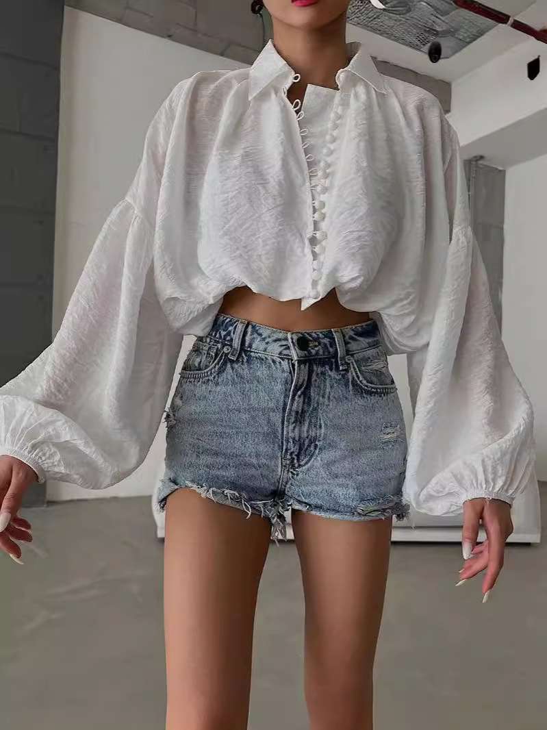 Self Design Puff Sleeve Shirt Style Top - M, White image