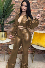 2 Piece PU Crop Top Bodycon Pants Party Sweatsuit image 2