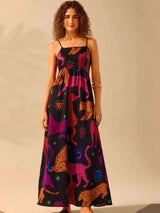 Floral Print Maxi Dress with Spaghetti Straps - M, Black image