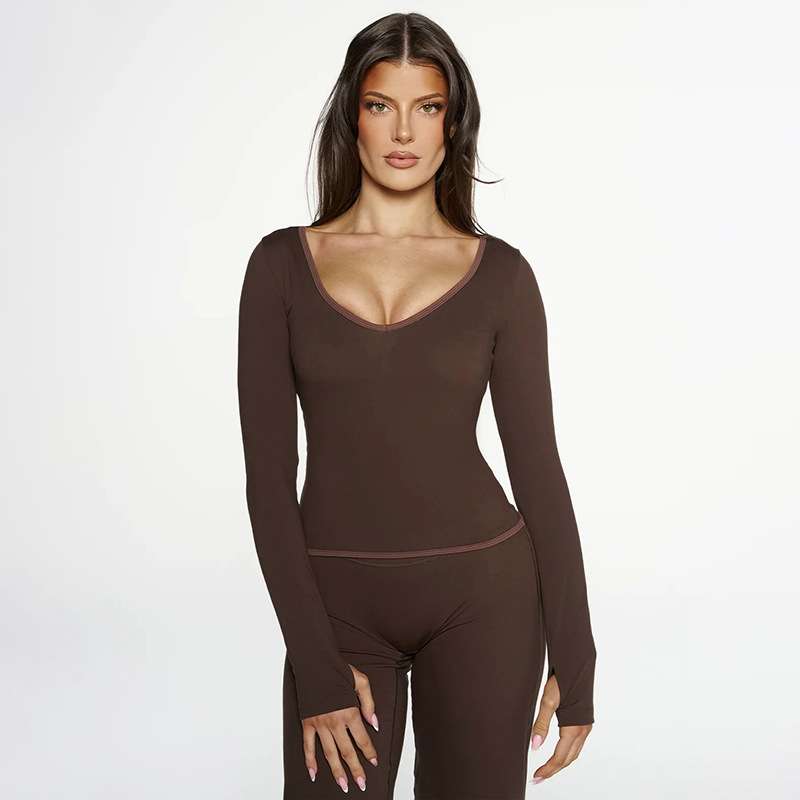 Sleek Top with Cross-Back Sports Bra & Matching Pants - S, Brown image