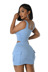 Stylish New Women Lowcut Sleeveless Drawstring Solid Bodycon Club Mini Dress2pcs image 2