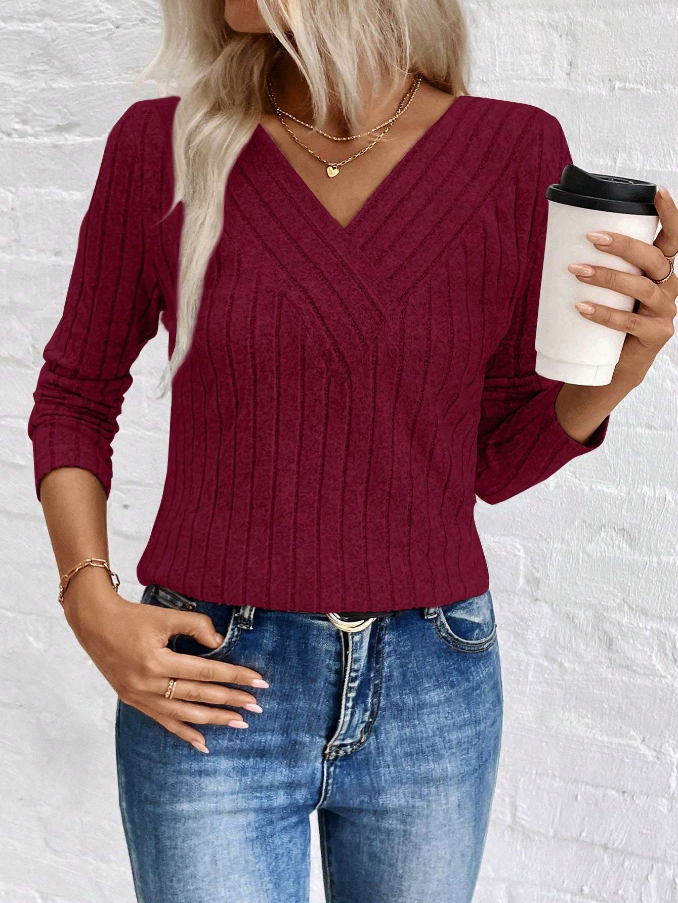 V-Neck Ribbed Sweater with Subtle Stripes - L, Red image