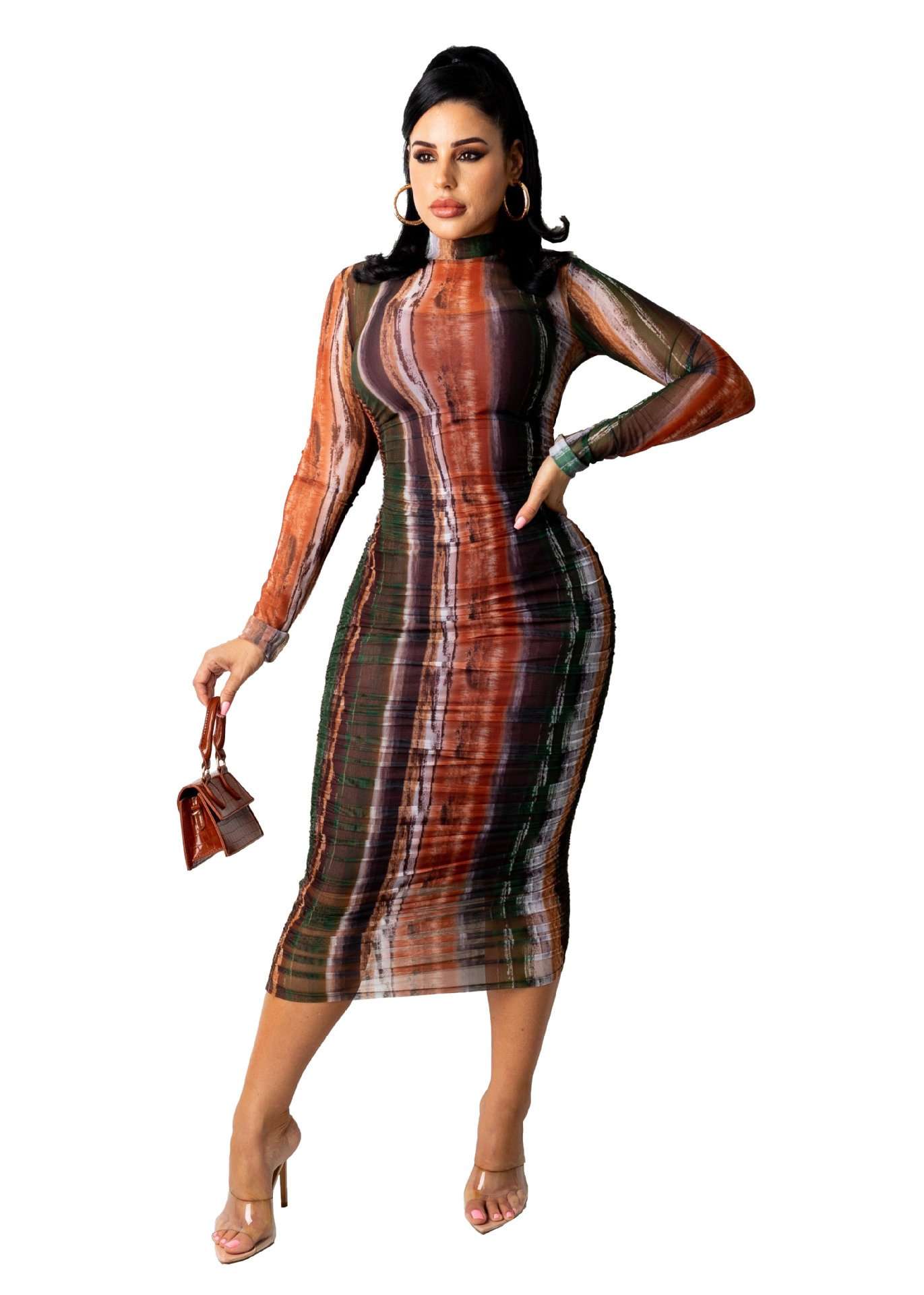 Nightclub Sexy Long Sleeve Dress - S, Multi Brown image