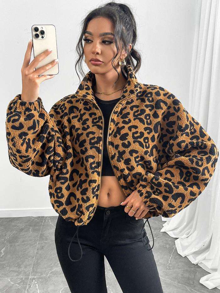 Leopard Print Zip up Casual Jacket - L, Multi Brown image