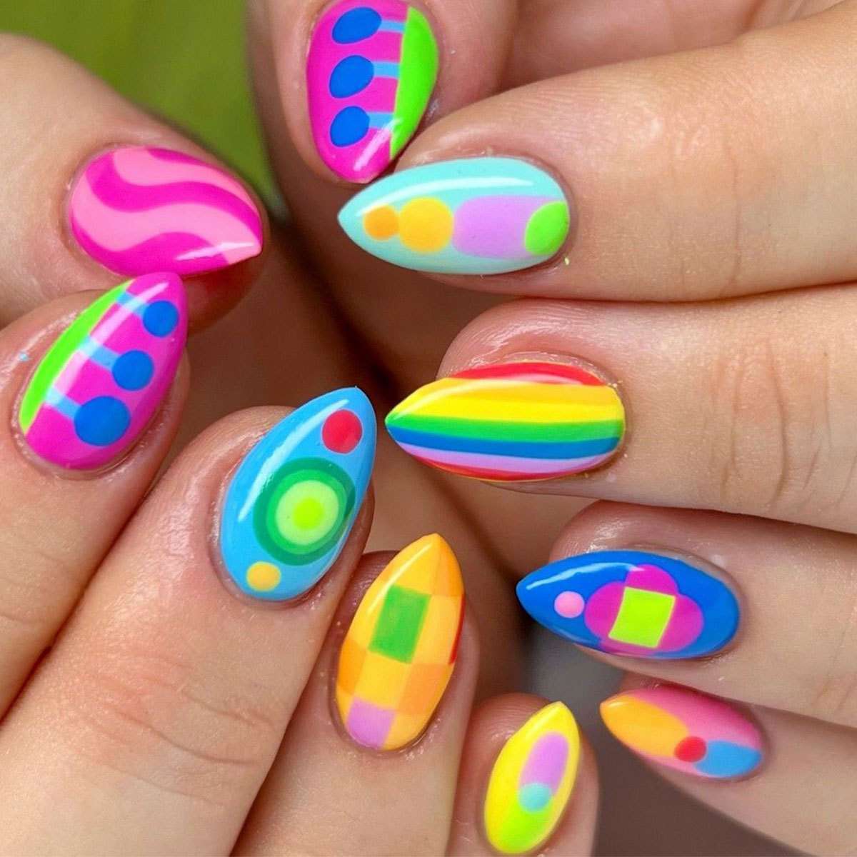 Vibrant Neon Geometric Pattern Nail Art image 4