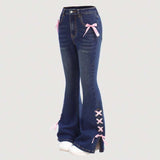 Flared Jeans with Bow & Lace-Up Detail - S, Blue image