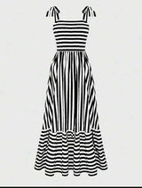 Striped Tie-Shoulder Maxi Dress - S, Black image