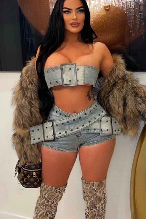 Sexy Denim Belted Low Rise Mini Shorts Crop Top Set image 0