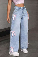 Bow Detail Wide Leg Loose Fit Casual Jeans image 1